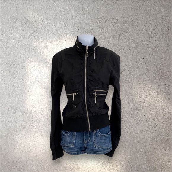 Y2K BIZZ Black Zip Up Bomber Jacket with Gold Back Print Detailing - Picture 3 of 8